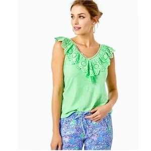 Lilly Pulitzer Plaza Top Green Sleeveless Ruffled Eyelet Collar Tank Women’s XXS - Picture 1 of 11