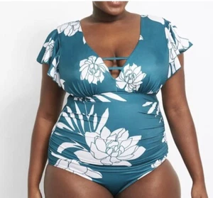 Cacique One Piece Swimsuit Green White Floral Flutter Sleeve No Wire Sz 30 - Picture 1 of 13