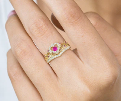 Crown Ring Ruby ring heart rings moissanite rings gold plated 925 silver rings - Image 1 of 4