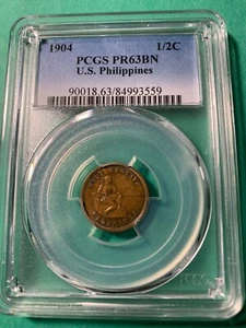 US PHILIPPINES HALF CENTAVO 1904 PROOF PCGS PR 63 BN - Picture 1 of 4