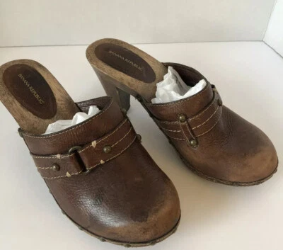 女士 Banana Republic 棕色皮革木质骡子懒人鞋 9 码波西米亚嬉皮流浪汉 — 第 1/4 张图片