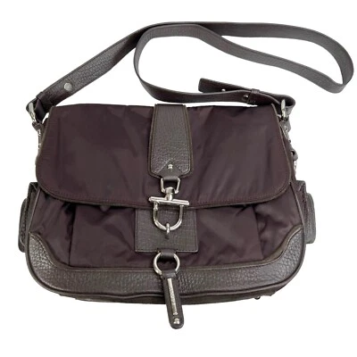 DKNY Brown Suede & Dark Purple Satin Crossbody Strap Purse Top Flap 11.5x8.5” - Image 1 of 4