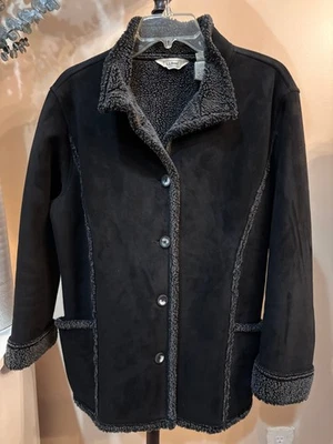 Abrigo Chaqueta LL BEAN Para Mujer Grande Imitación Gamuza Forrada Sherpa Botón Negro Gris Foto 1 de 4