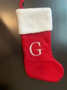 18 In KNIT CHRISTMAS STOCKING MONOGRAM LETTER "G" Red White Silver Lettering - Picture 1 of 2