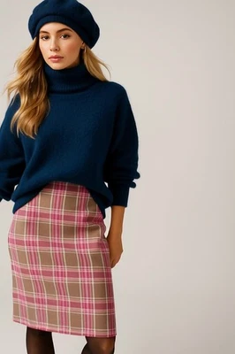 Винтажный JG крюк шерсти клетку карандаш Midi юбка Sz 6 розовый желтовато-коричневый с подкладкой света Academia - Изображение 1 из 4