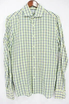 Finamore Napoli Linen Spread Collar Dress Shirt Blue Lime Green Check 15 / Small - Image 1 of 4