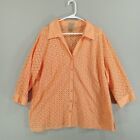 Choices Woman Shirt 2X Orange 3/4 Sleeve Button Up Open Weave Cotton