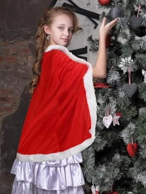 Fantasia infantil capa de Natal Papai Noel cabo de veludo com capuz vermelho - Imagem 1 de 4
