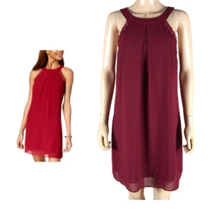 BCX Juniors Burgundy Wine Crochet Trim Chiffon Shift Dress NWT Large - Picture 1 of 8