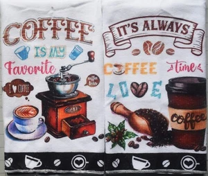 2 Coffee Printed Kitchen Dish Towels Home Décor Gift 26" x 17" - Picture 1 of 7