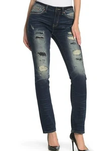 Rock Revival Remix Womens 27 Mid-Rise Distressed Straight Jeans Stitched Patches - Picture 1 of 3