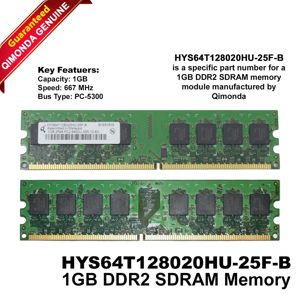 Lot x 2 Dell 1GB 2Rx8 PC2-6400U DDR2-800MHz 240-Pins SDRAM DIMM Memory XG691 - Image 1 of 4