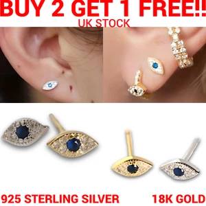 Evil eye Earrings 925 Sterling Silver Ear Studs Gold Hoop Crystal Womens Helix - Picture 1 of 16
