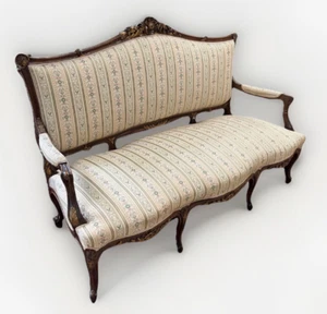 ANTIQUE FRENCH LOUIS XV CARVED & PARCEL-GILT UPHOLSTERED SALON SOFA COUCH SETTEE - Picture 1 of 18