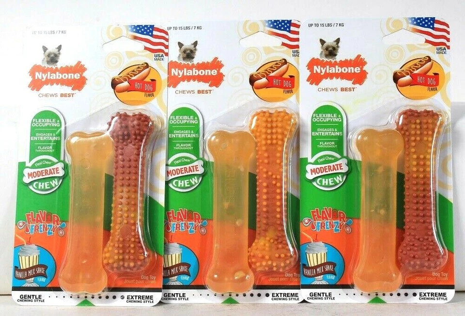 3 Nylabone Flexi Masticar Sabor Moderado Frenesí Vainilla Leche Batido Perro Caliente Juguete Foto 1 de 1