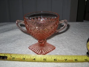 Zuckerdose, rosa Depressionsglas, doppelt 2 Griffe Fußsockel, Vintage - Bild 1 von 11