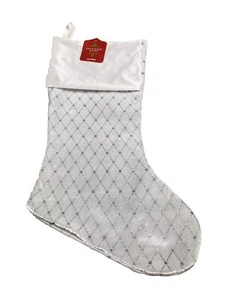December Home Glittery Silver Snowflakes Velvet White Winter Stocking 16 Inches - Picture 1 of 3