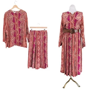 Conjunto Maxi Falda Blusa Top Seda Vintage Floral Cachemira Botón Largo Bufanda Rosa XL - Imagen 1 de 18