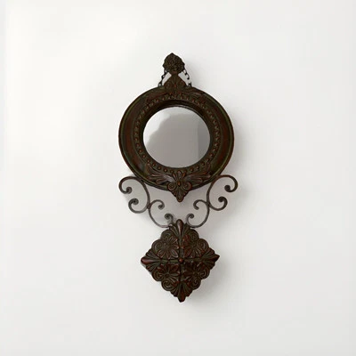 "Espejo de pared redondo estilo barroco de metal ornamentado retro Hollywood Regency 17"" de largo" Foto 1 de 4