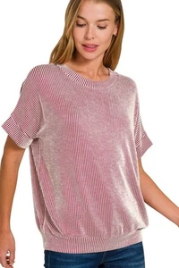 Zenana Corded Rib Short Sleeve T-Shirt - Picture 1 of 4