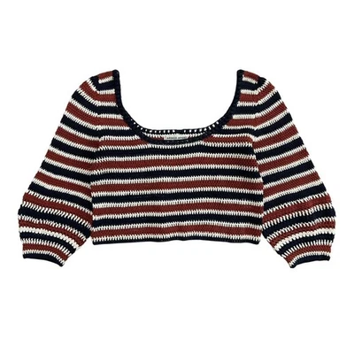 Suéter Apiece Apart Sonora Mezcla de Lino Rayas Crochet Crop Mediano Costero Boho Foto 1 de 4