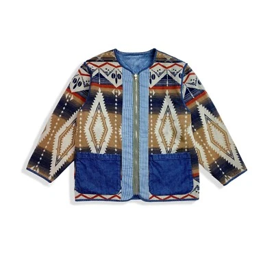 Chaqueta de mezclilla japonesa sin cuello con cremallera azteca nativa americana suroeste de Chimayo Foto 1 de 4
