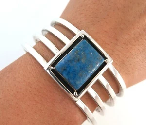 Heavy Vintage Sterling Silver & Lapis High Quality 74 Gram Cuff Bracelet - Picture 1 of 9
