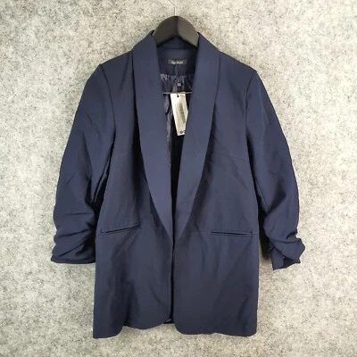 Boohoo Jacket Womens Large Blue Navy Blythe Ruched Sleeve Blazer Open Front NEW - Image 1 of 4