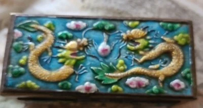 Antique Bronze Chinese Champleve Enamel Dragons  & lily pads Stamp Box - Image 1 of 4