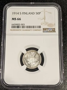 1914 S MS66 Finland Silver 50 Pennia KM 2.2 UNC NGC - Picture 1 of 2