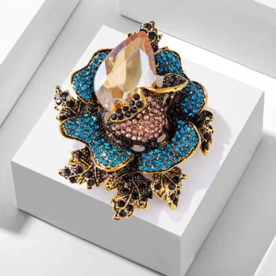 Large vintage rose flower brooch 80s and 90s bright crystal pin for women gift - Image 1 of 4