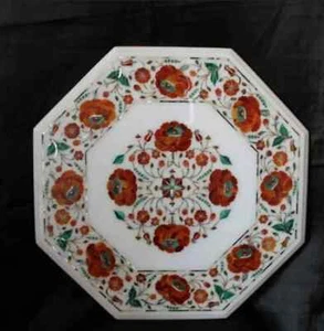 White Marble corner Inlay Tabletop Carnelian Floral Semi Precious Stones handicr - Picture 1 of 10