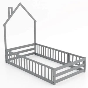 Twin Size Montessori Floor Bed for Toddler w/Lockable Door Full-Length Guardrail - Picture 1 of 10