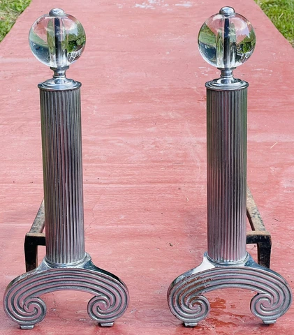 Gorgeous Pair Of 1930's Art Deco Andirons.  Fluted Column Crystal Ball Finials Cover