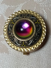 Vintage Damascene Gold Tone Round Pill Box Lovely Colours In Cabochon on the Lid
