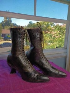 Antique1900s Boots VictorianEdwardian Womans Black Leather High Top Lace Up 6.5 - Picture 1 of 11