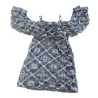 House Of Three Dress Women 8 Blue White Off Shoulder Printed Mini Ruffle Viscose