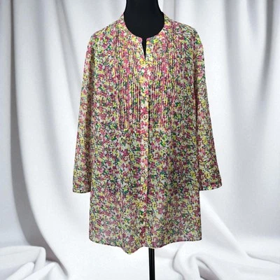Charter Club Floral Print Tunic Top Pleated Long Sleeve Woman XL Sheer, Cottage - Image 1 of 4