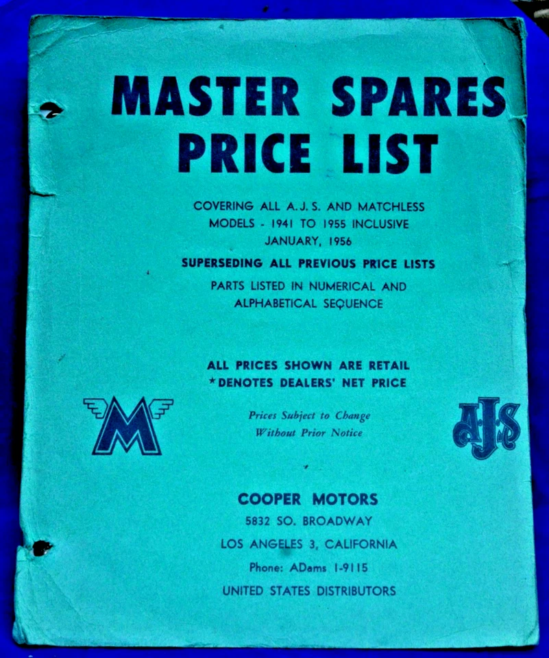 原装 AJS Matchless Master 备件价格表 Cooper Motors 1956 — 第 1/1 张图片