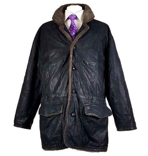 HERMÈS Seraphin taglia L giacca soprabito in pelle pesante con colletto in shearling nero (HERMES)