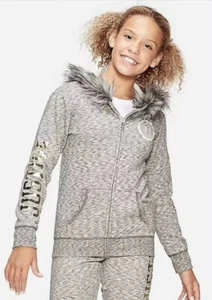 Nwt Justice Logo Faux Fur Trim Zip Up Hoodie Size 8 Gray - Picture 1 of 1