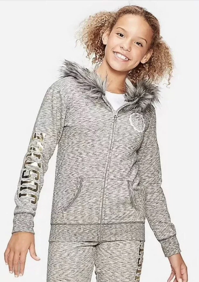 Justice Logo Faux Fur Trim Zip up Hoodie Size 10 Gray