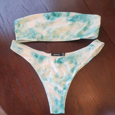 Bikini de tanga sin tirantes 2 piezas traje de baño para mujer L verde azulado/blanco tie dye  Foto 1 de 4