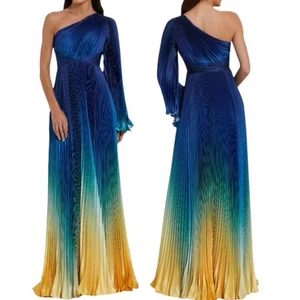 Blue Ombre Pleated Charmeuse One-Shoulder Gown Mac Duggal Size 6 Blue Yellow NEW - Picture 1 of 19