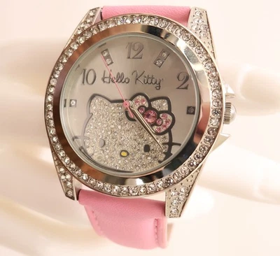 Reloj Hello Kitty Sanrio Rosa Correa Cristal Cara Gato Caja Tono Plateado Batería Nueva Foto 1 de 4