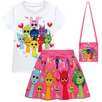 Conjunto de saia Sprunki menina camiseta bolsa saia conjunto de 3 peças adequado para 3-10 anos de idade - Imagem 1 de 4