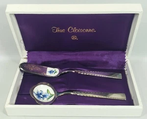 Vintage TRUE CLOISONNE Stainless Steel Floral Teaspoon & Butter Knife Set In Box - Picture 1 of 9