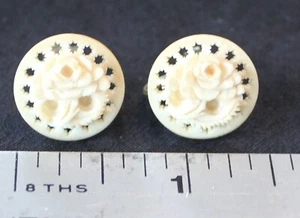 Antique rose carved natural material screw on earrings, VERY old. - Picture 1 of 3