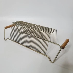 Vintage 50s Mid Century Modern Wire Album Rack Wood Handle 45 RPM Gold Tone - Picture 1 of 8
