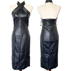 NEW SOFIA JEANS Black Faux Leather Midi Dress XS Criss Cross Neckline Halter - Picture 1 of 4